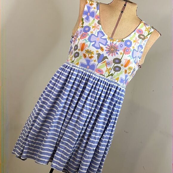 Matilda Jane Floral with Blue & White Stripe Sleeveless Babydoll Dress - Size M - Picture 1 of 13